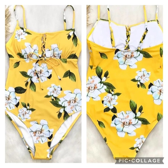 Cupshe Sunny Yellow Floral Print Lace-Up One-Piece Swimsuit Size Medium - Picture 4 of 11